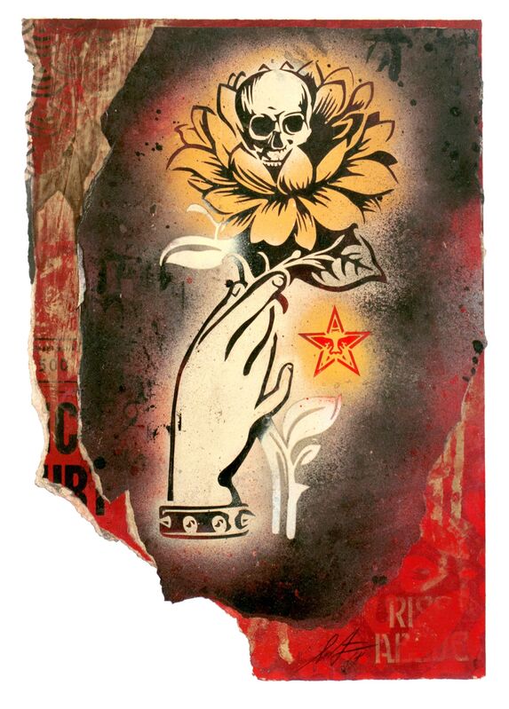 Shepard Fairey, ‘Crisis is Bloom’, 2018, Mixed Media, Material Stencil und Mixed Media Collage on Paper, Galerie Ernst Hilger 