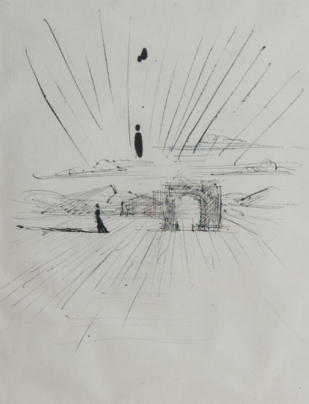 Salvador Dalí, ‘Paysage avec temple et arc de triomphe’, ca. 1939, Drawing, Collage or other Work on Paper, India ink and felt-tip pen on laid paper, Omer Tiroche Gallery
