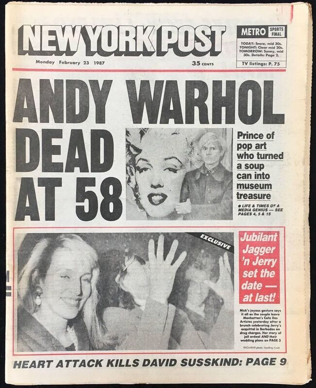 Andy Warhol, ‘Warhol Dies! Set of 4 NY newspapers announcing Andy Warhol’s death ’, 1987, Ephemera or Merchandise, Newspaper, Lot 180 Gallery