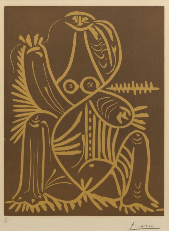 Pablo Picasso, ‘Femme Assise en Pyjama de Plage (Jacques Prévert et André Villers)’, 1962, Print, Linoleum cut in color on Arches wove paper, Heather James Fine Art Gallery Auction