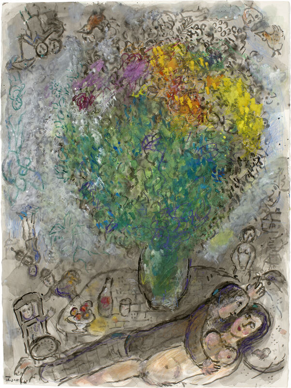 Marc Chagall, ‘Couple Allongé au Grand Bouquet’, ca. 1978, Drawing, Collage or other Work on Paper, Gouache, tempera, pastel and Chinese ink on paper, Stern Pissarro Gallery