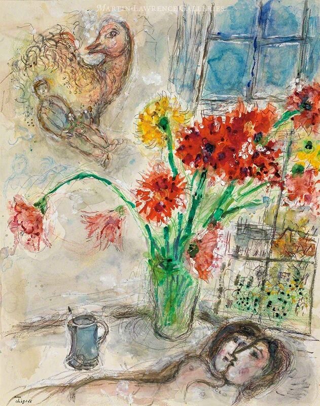 Marc Chagall, ‘Lovers in Bouquet of Dahlias, watercolor ’, 1971, Drawing, Collage or other Work on Paper, Watercolor, tempera, pastel, color pencil and pencil on heavy vellum paper, Martin Lawrence Galleries