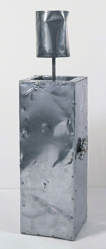Robert Rauschenberg, ‘Pail for Ganymede’, 1959, (blank), Combine: sheet metal and enamel over wood with crank, gear, sealing wax, and tin can, Robert Rauschenberg Foundation
