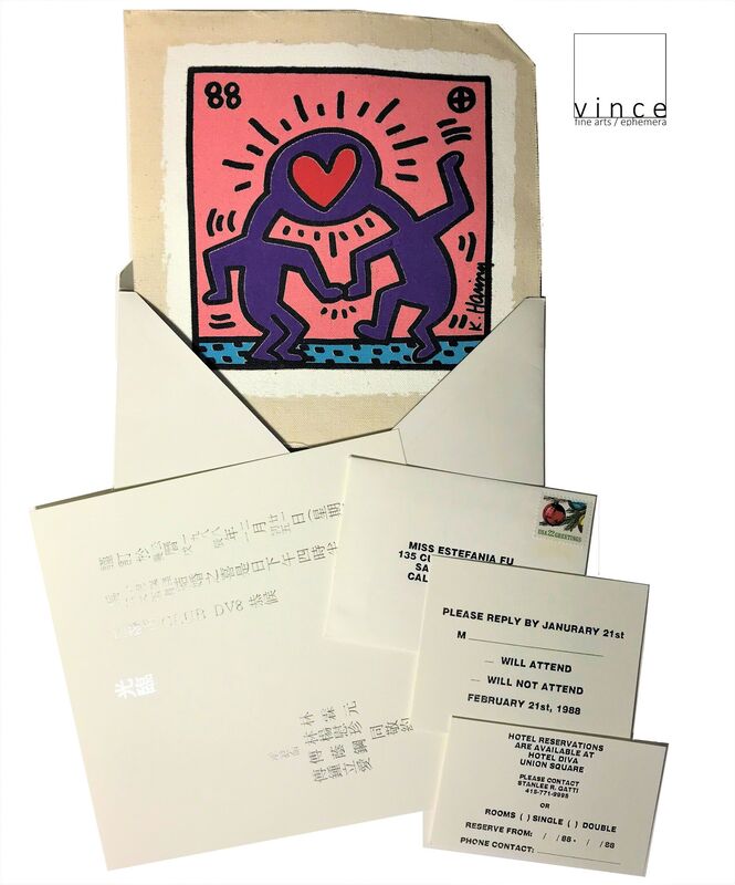 Keith Haring, ‘"Dr. Winkies Wedding Invitation", 1988, SILKSCREEN on CANVAS, with Original RSVP Invite ’, 1988, Print, Silkscreen on Canvas, VINCE fine arts/ephemera