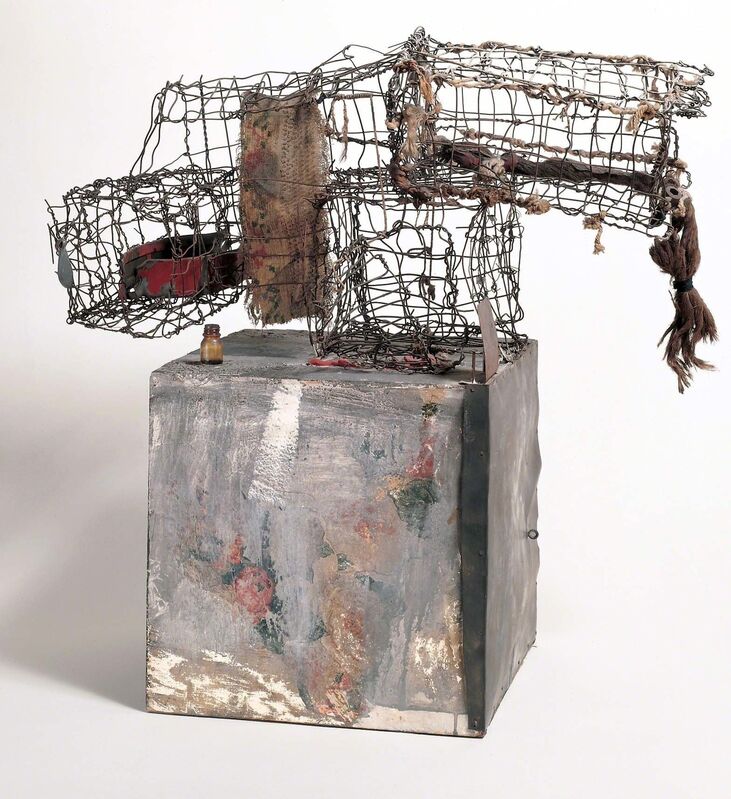Robert Rauschenberg, ‘Three Traps for Medea’, 1959, Combine: oil, paper, fabric, metal, and glass bottle on wood with fabric, metal, string, hair, and plumb bob on wire, Robert Rauschenberg Foundation
