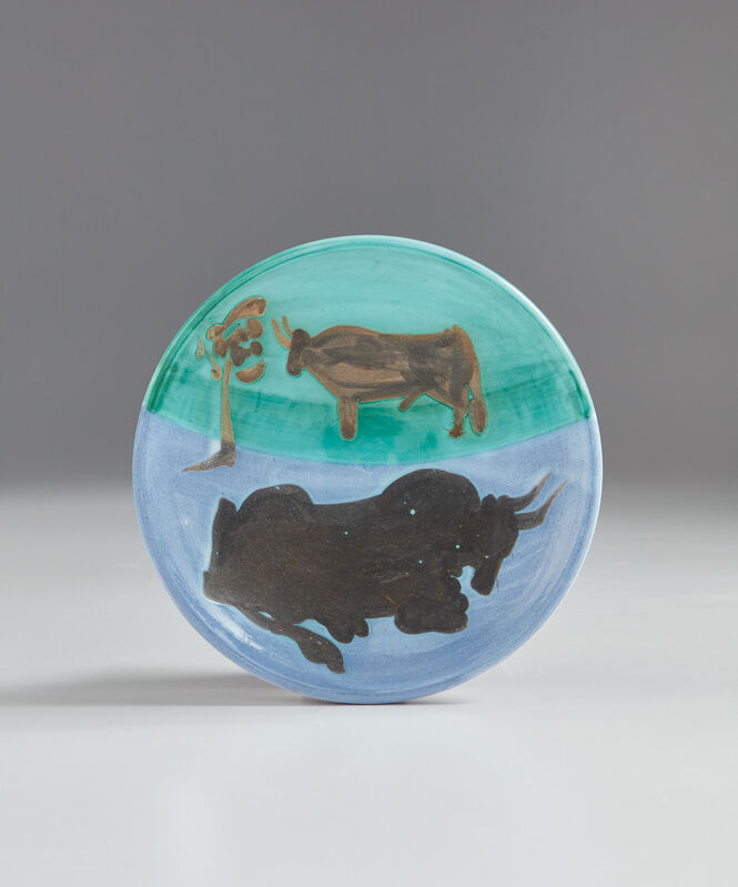 Pablo Picasso, ‘Bulls (Toros)’, 1952, Design/Decorative Art, White earthenware turned plate painted in white enamel, blue, green and black with oxidized paraffin., Phillips