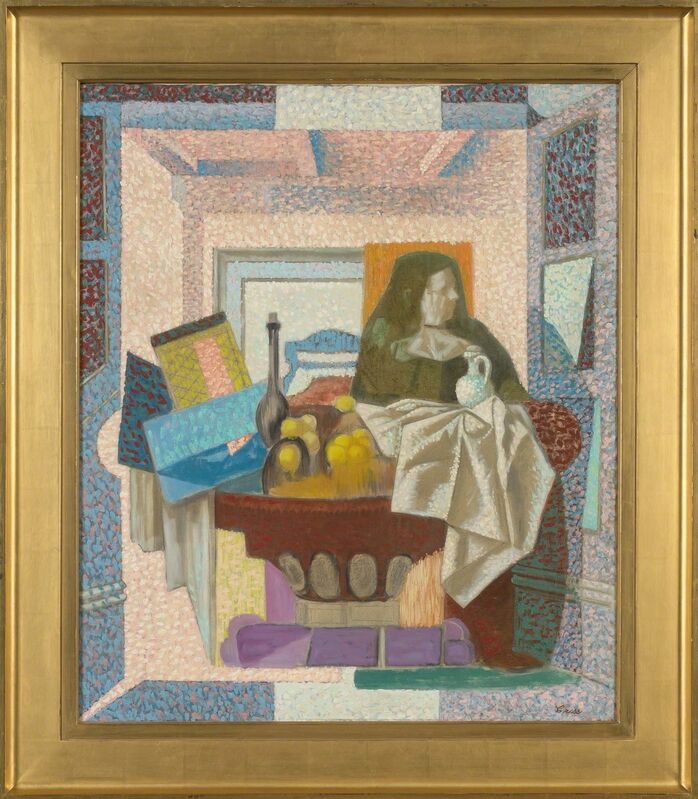 Francis Criss, ‘Still Life with Figure’, circa 1950, Painting, Oil and pencil on canvas, Doyle