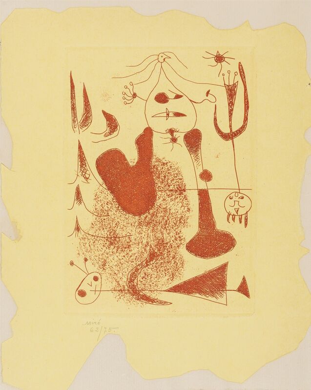 Joan Miró, ‘Sablier Couche (Cramer books 5; D.20)’, 1938, Print, Etching printed in red on cut yellow paper mounted to a folded sheet of Arches laid paper, Forum Auctions