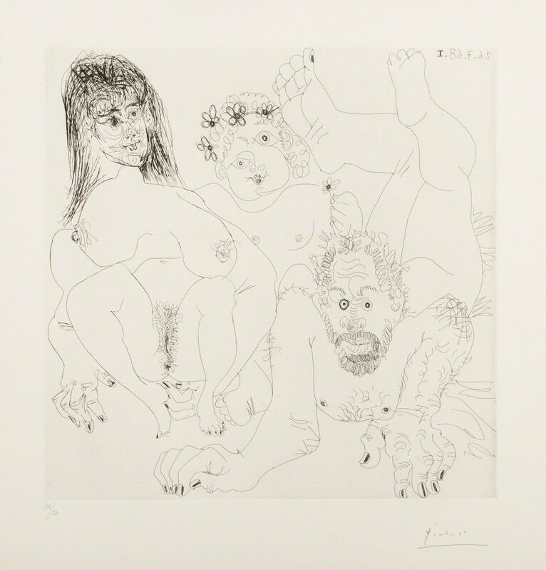 Pablo Picasso, ‘Couple Aux Champ, Avec un putto couronne de Fleurs (Bloch 1697)’, 1968, Print, Etching, Forum Auctions