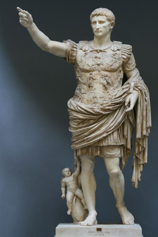‘Augustus of Primaporta, perhaps a copy of a bronze statue of ca. 20 B.C.’, Early 1st century, Sculpture, Marble, originally colored, Art History 101