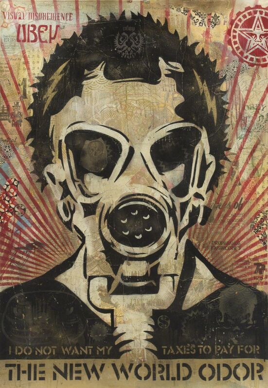 Shepard Fairey, ‘New World Odor’, 2005, Painting, Spray paint stencil and collage on paper, Julien's Auctions