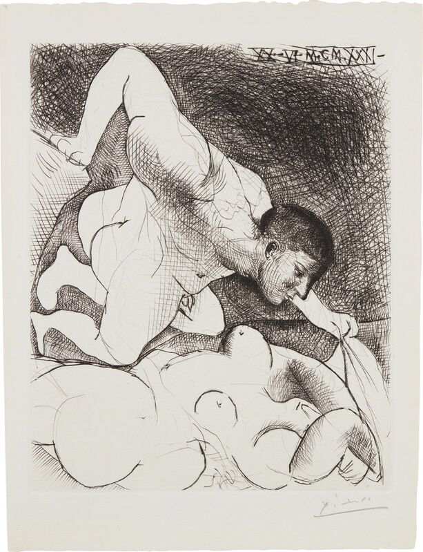 Pablo Picasso, ‘Homme dévoilant une femme (Man Unveiling a Woman), plate 5 from La Suite Vollard’, 1931, Print, Etching, on Montval paper watermarked Picasso, with full margins, Phillips