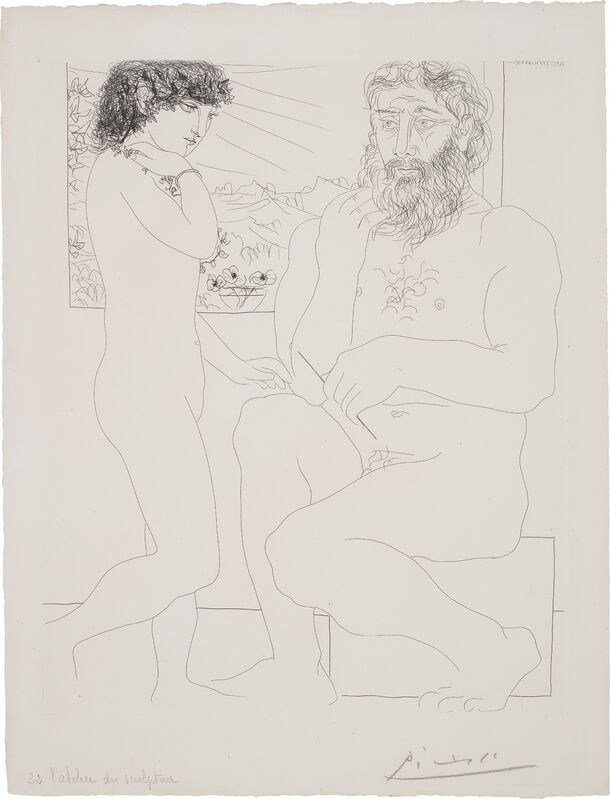 Pablo Picasso, ‘Sculpteur songeant, modèle aux cheveux noirs et bol avec trois anémones (Pensive Sculptor, Model with Black Hair and Bowl with Three Anemones), plate 68 from La Suite Vollard’, 1933, Print, Etching, on Montval paper watermarked *Vollard*, with full margins., Phillips