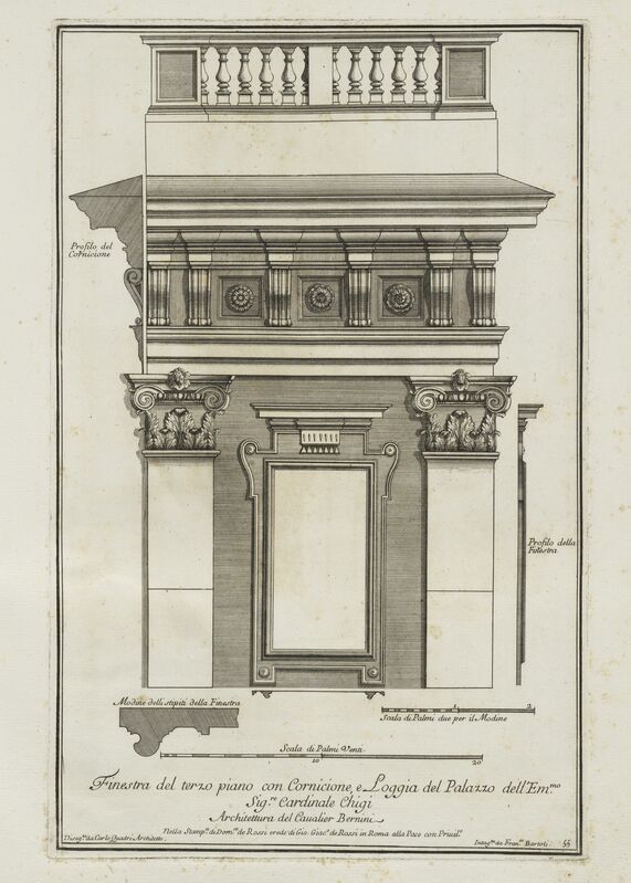 Gian Lorenzo Bernini, ‘Finestra del terzo piano con cornicione e loggia del palazzo dell'Emmo. Sigre. Cardinale Chigi’, 1702-1721, Engraving, Getty Research Institute