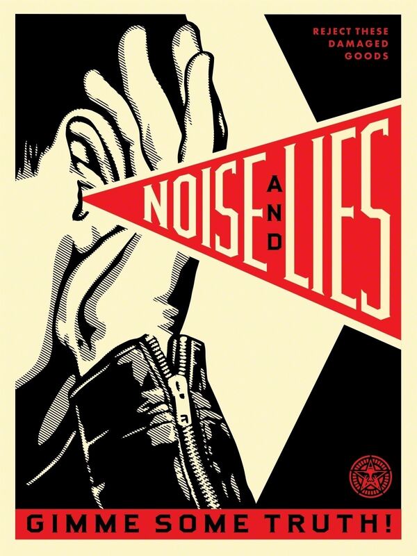 Shepard Fairey, ‘Noise and Lies’, 2018, Mixed Media, Silkscreen und Mixed Media Collage on Wood, HPM, Galerie Ernst Hilger 