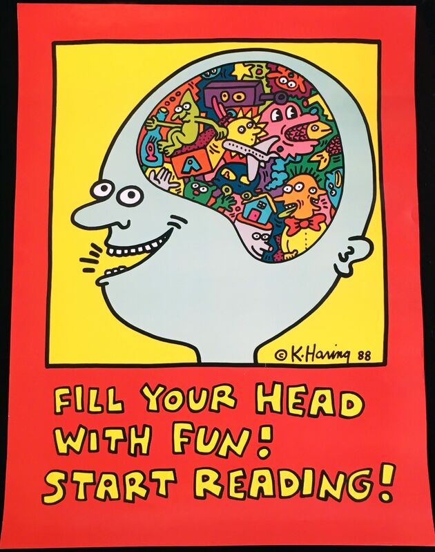 Keith Haring, ‘Keith Haring, Fill Your Head with Fun! Start Reading! (Keith Haring prints)’, 1988, Posters, Off-set lithograph in black, red, yellow and blue; printed on heavy glossy paper, Lot 180 Gallery