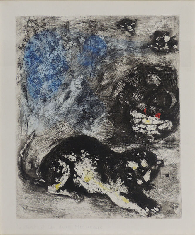 Marc Chagall, ‘"The cat and the two sparrows"’, 1952, Print, Etching with handcoloring, AH Fine Art 