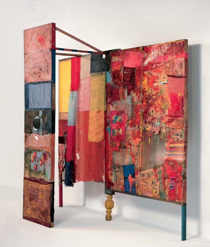 Robert Rauschenberg, ‘Minutiae’, 1954, Combine: oil, paper, fabric, newspaper, wood, metal, and plastic with mirror on braided wire on wood structure, Robert Rauschenberg Foundation