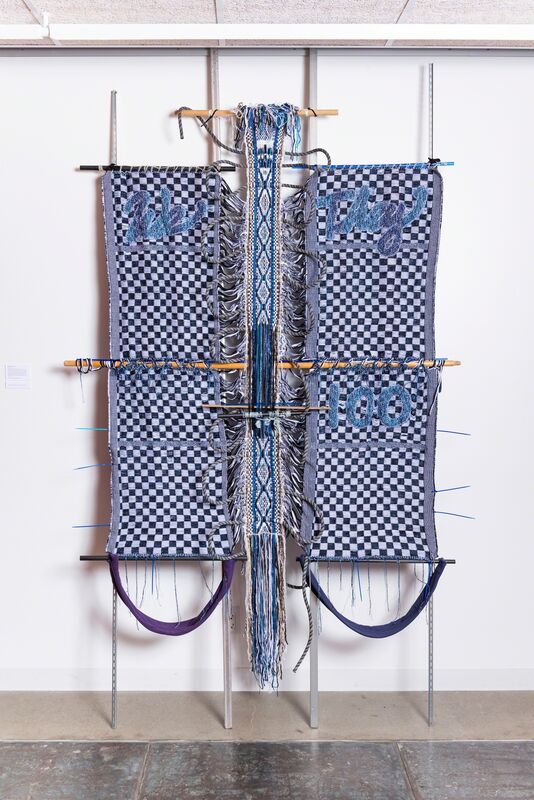 Kira Dominguez Hultgren, ‘Bridge: We/They’, 2019, Textile Arts, Handspun and industrially spun wool, cotton thread, indigo-dyed ramie, wool mill ends, rayon, acrylic and other novelty yarn, metallic thread, organic cotton t-shirt yarn and fabric, nylon and polyester climbing rope from Berkeley Ironworks Climbing Gym, plastic rods, found wood and metal, frame bars, and zip ties., Eleanor Harwood Gallery