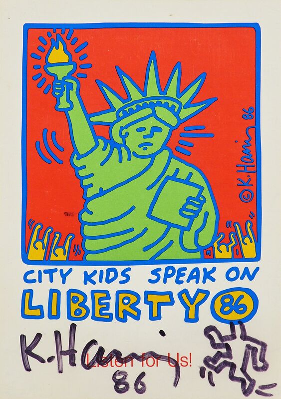 Keith Haring, ‘Running Man on City Kids Speak on Liberty’, 1986, Drawing, Collage or other Work on Paper, Black marker on postcard, Rago/Wright/LAMA