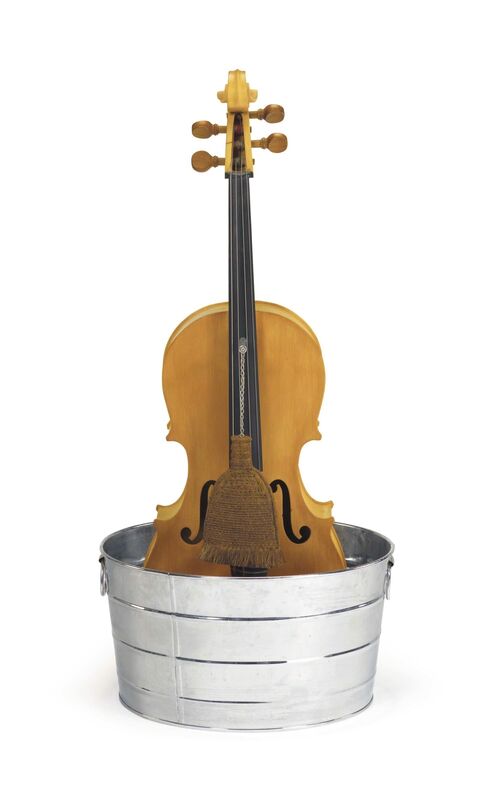 Robert Rauschenberg, ‘Tibetan Garden Song’, 1986, Sculpture, Chinese cello, chrome-plated wash-tub, glycerine, and Chinese scrollmaker's brush multiple, Christie's