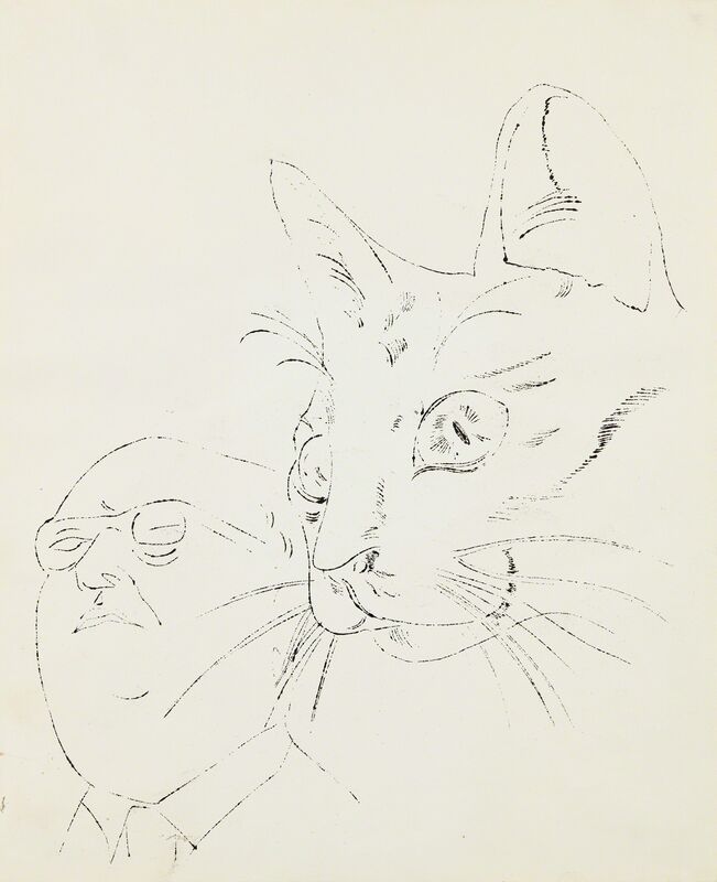 Andy Warhol, ‘Portrait with Cat’, 1956, Drawing, Collage or other Work on Paper, Ink on paper, Phillips