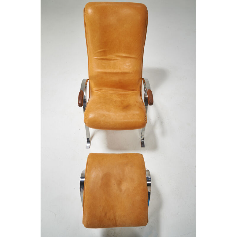 Vladimir Kagan, ‘Multi-position lounge chair and ottoman, New York’, Design/Decorative Art, Polished stainless steel, leather, walnut, Rago/Wright/LAMA