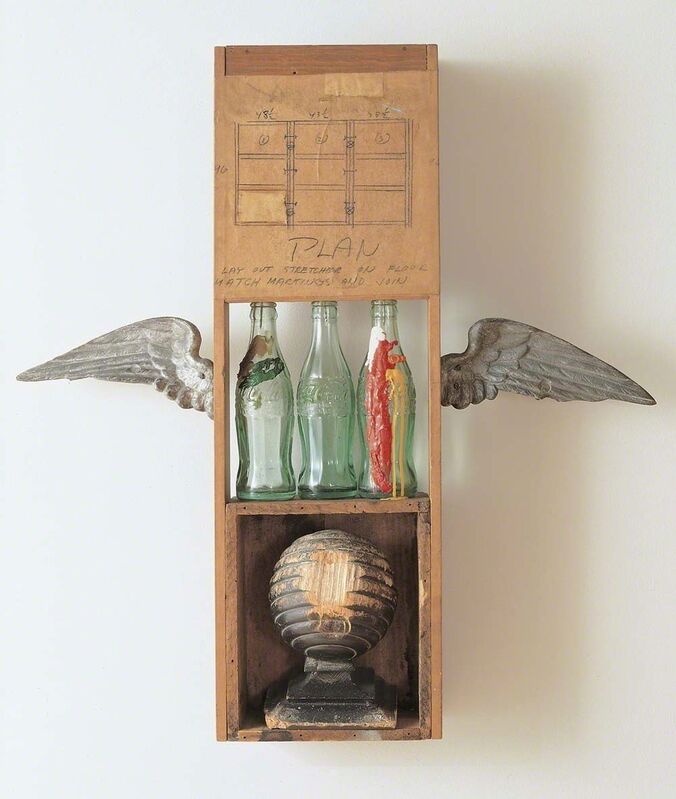 Robert Rauschenberg, ‘Coca-Cola Plan’, 1958, Combine: pencil on paper, oil on three Coca-Cola bottles, wool newel cap, and cast metal wings on wood structure, Robert Rauschenberg Foundation