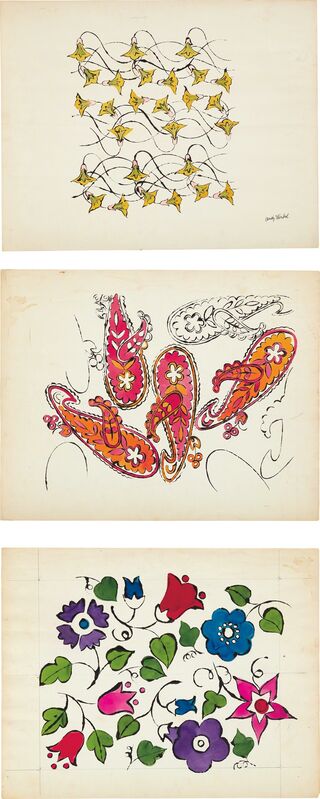 Andy Warhol, ‘Three works: (i) Flowers – Yellow and Pink; (ii) Paisley; (iii) Floral Design’, ca. 1959, Drawing, Collage or other Work on Paper, Watercolor and ink on paper, Phillips