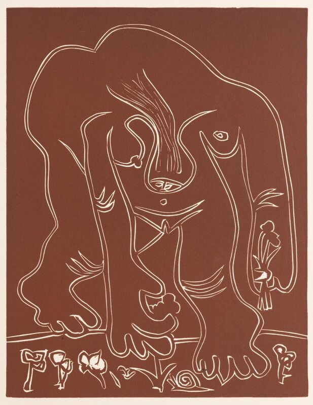 Pablo Picasso, ‘Femme Nue Cueillant des Fleurs (first and third state)’, 1962, Print, Two linocuts, the first state with glassine overlay including graphite additions, Hindman