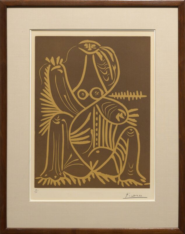 Pablo Picasso, ‘Femme Assise en Pyjama de Plage (Jacques Prévert et André Villers)’, 1962, Print, Linoleum cut in color on Arches wove paper, Heather James Fine Art Gallery Auction