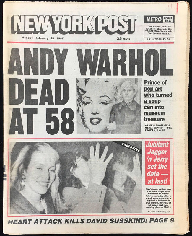 Andy Warhol, ‘"Andy Warhol Dead at 58" (Andy Warhol New York Post 1987) ’, 1987, Ephemera or Merchandise, Newspaper, Lot 180 Gallery