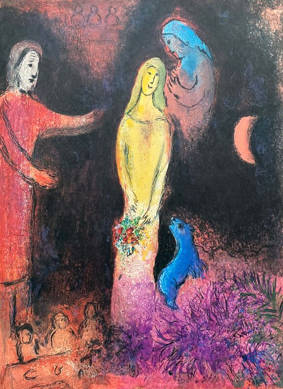 Marc Chagall, ‘“Chloé vétue et coiffée par Cléariste (Chloe is dressed and braided by Cleariste),” from Daphnis et Chloé (Cramer 46; Mourlot 345)’, 1977, Ephemera or Merchandise, Offset lithograph on wove paper, Art Commerce