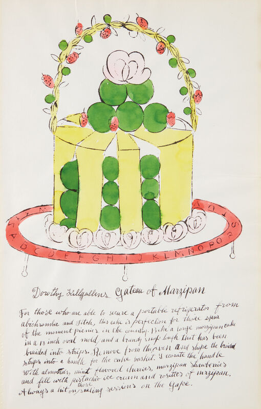 Andy Warhol, ‘Dorothy Killgallens Gateau of Marzipan, from Wild Raspberries’, 1959, Print, Offset lithograph with hand-coloring in watercolor, on laid paper, the full sheet, Phillips