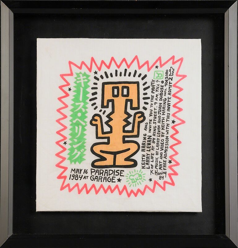 Keith Haring, ‘Paradise Garage Birthday Invitation Handkerchief’, 1984, Print, Screenprint in colors on man's linen handkerchief, Rago/Wright/LAMA
