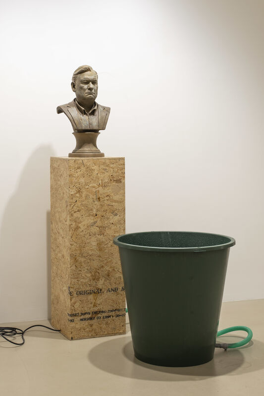 Peter Land, ‘Self-portrait as a fountain’, 2020, Sculpture, Painted polyester, OSB pedestal, plastic barrel, plastic tubes, water pump, KETELEER GALLERY
