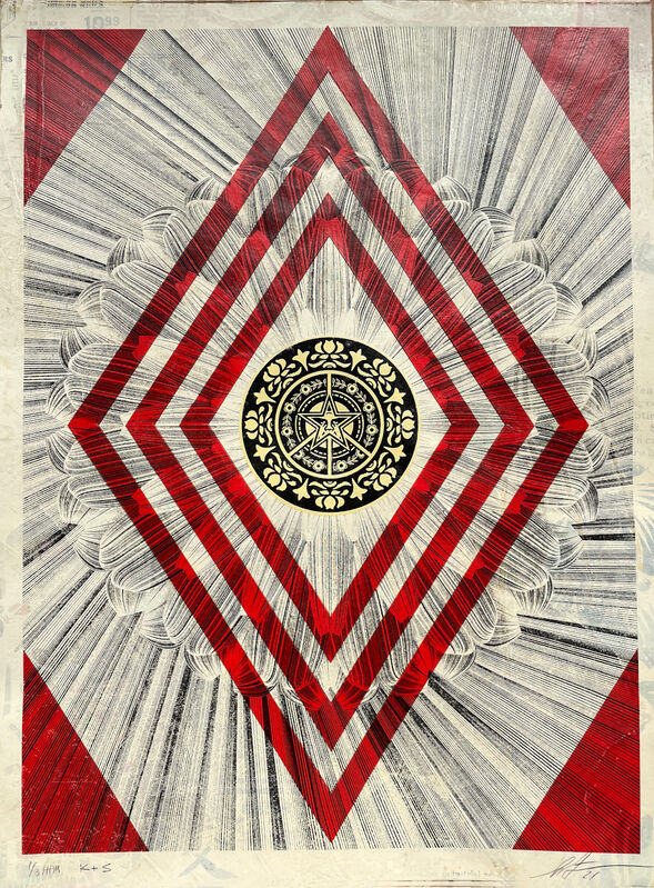 Shepard Fairey, ‘Obey K&S Flower Diamond (HPM)’, 2021, Drawing, Collage or other Work on Paper, Silkscreen and Mixed Media Collage on Paper, HPM, StolenSpace Gallery