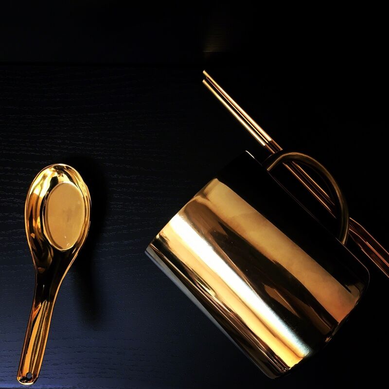 Zhang Ding, ‘Untitled’, 2016, Sculpture, Stainless steel cup plated 24k gold, stainless steel spoon plated 24k gold, copper chopsticks, Galerie Krinzinger