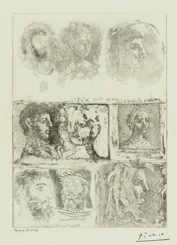Pablo Picasso, ‘Feuille d'études techniques. Neuf têtes (B. 285; Ba. 438)’, Print, Etching, Sotheby's