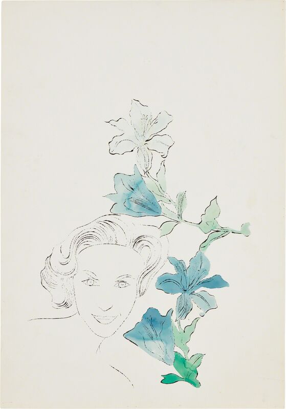 Andy Warhol, ‘Female Head (With Blue Flowers)’, ca. 1950, Ink and Dr. Martin's Analine dye on Strathmore paper, Phillips