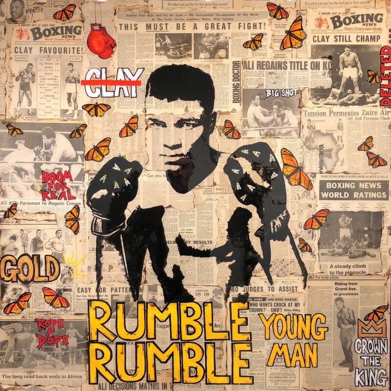 Patrick Burns, ‘Rumble Rumble Young Man’, 2018, Painting, Original newsprint, acrylic, polymer resin, Gallery VICTOR