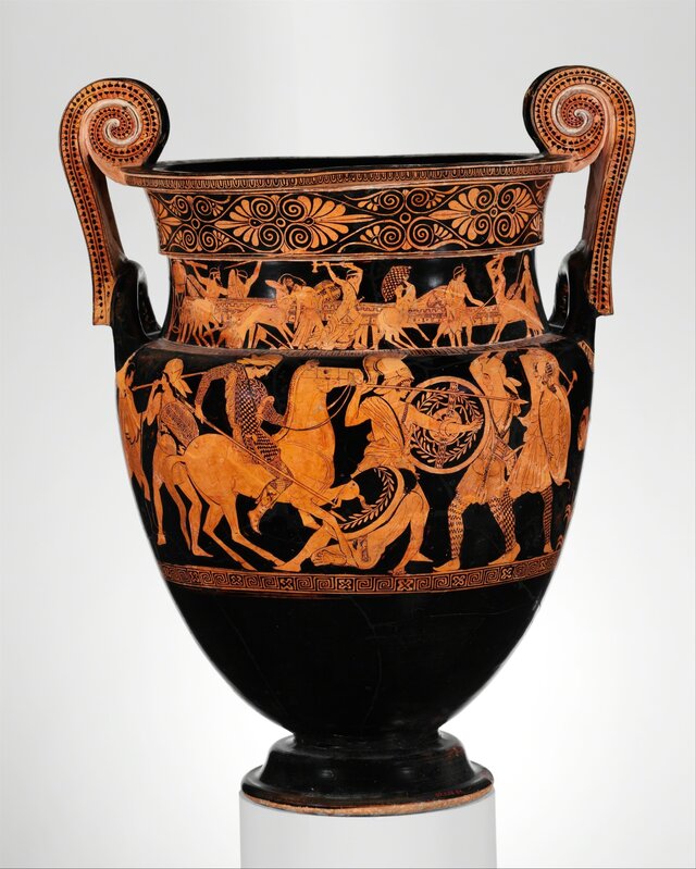 Attributed to the Painter of the Woolly Satyrs, ‘Terracotta volute-krater (bowl for mixing wine and water)’, ca. 450 B.C., Design/Decorative Art, Terracotta, The Metropolitan Museum of Art