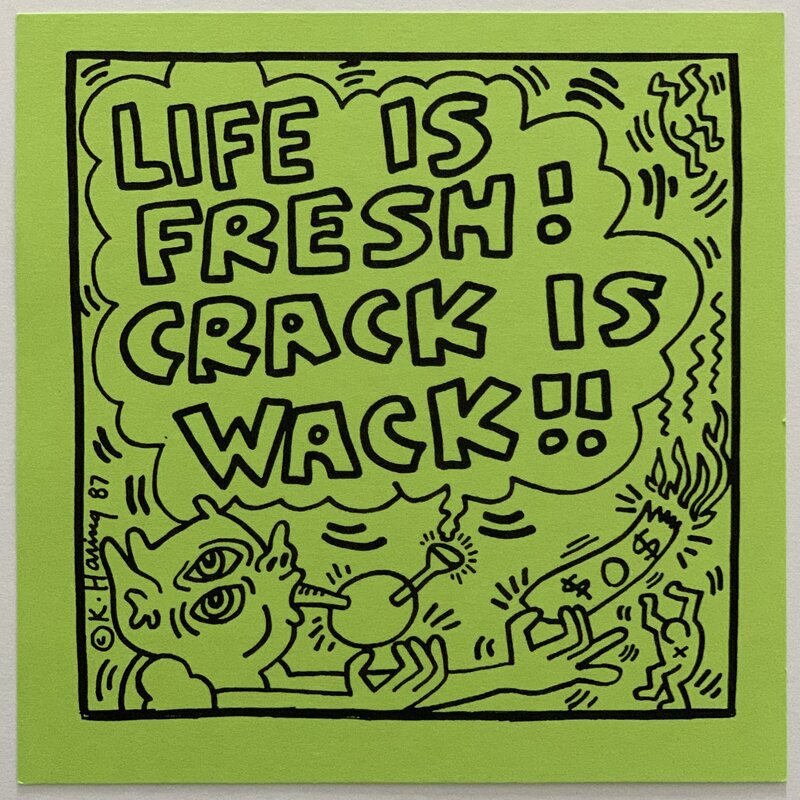 Keith Haring, ‘'Life is Fresh! Crack is Wack!!' (Pop Shop/Tunnel invitation)’, 1988, Ephemera or Merchandise, Offset print, green paper, Artificial Gallery