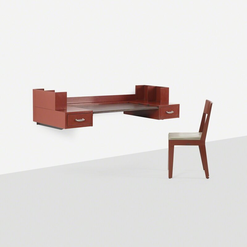 Jules Leleu, ‘wall-mounted desk and chair for Martel de Janville Sanatorium Pateau d'Assy’, 1936, Design/Decorative Art, Enameled steel, oak, vinyl, aluminum, Rago/Wright/LAMA/Toomey & Co.