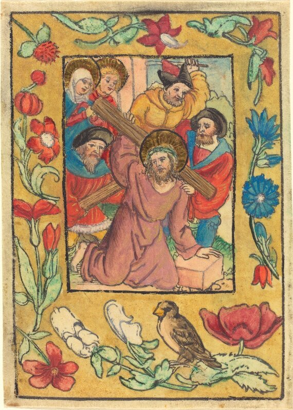 ‘Christ Bearing the Cross’, ca. 1500, Print, Woodcut, hand-colored in mauve, red, blue, green, ochre, yellow, black, white, and gold, on vellum, National Gallery of Art, Washington, D.C.
