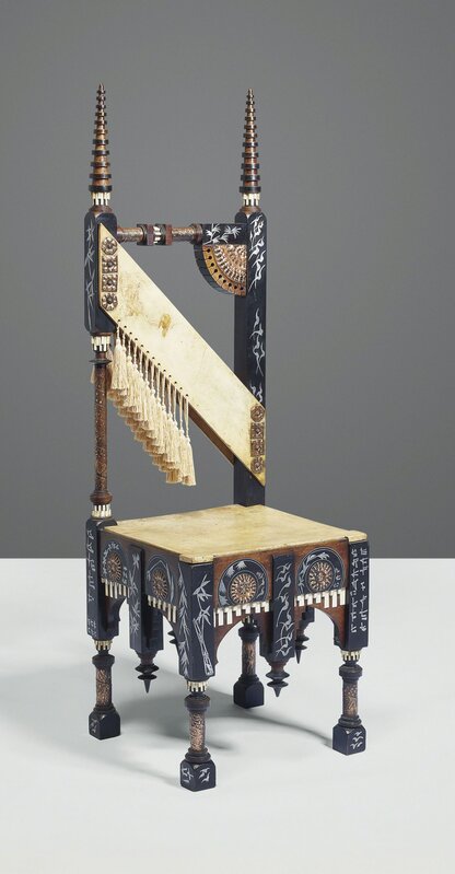 Carlo Bugatti, ‘A chair’, circa 1908, Design/Decorative Art, Ebonised wood, copper, pewter, vellum, silk, Christie's
