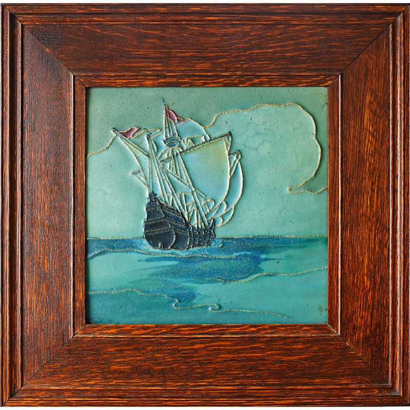 Rookwood Pottery, ‘Rookwood Faience, Large Tile Decorated In Cuenca With Tall Ship (Framed), Cincinnati, OH’, ca. 1910, Design/Decorative Art, Rago/Wright/LAMA