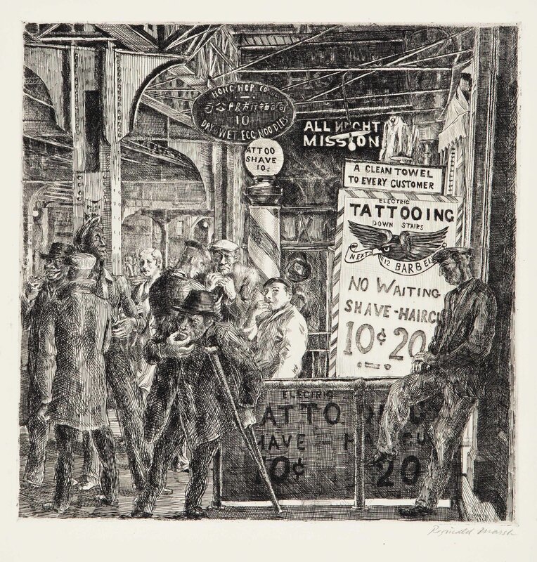 Reginald Marsh, ‘Tattoo-Shave-Haircut’, 1932, Print, Etching, on wove paper, Christie's