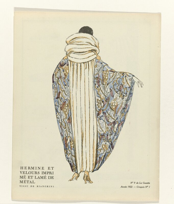 ‘No. 9: Hermine et velours imprimé et lamé de métal / Tissu de Bianchini (No.9: Hermine and printed velvet and lamé metal/fabric Bianchini)’, 1922, Print, Rijksmuseum