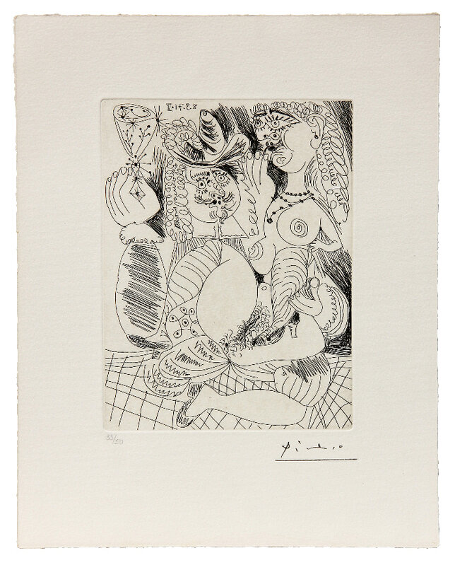 Pablo Picasso, ‘Uomo che tiene un bicchiere in compagnia di una nuda amante’, 1971, Print, Etching, Ambrosiana Casa d'Aste